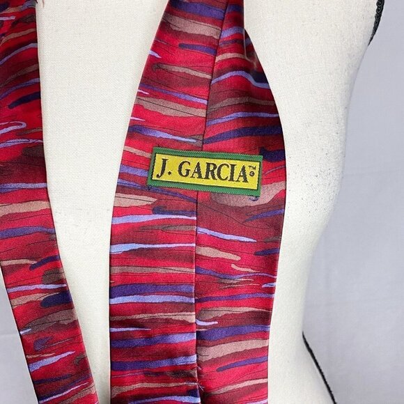 J GARCIA Mens Tie Red Brown Blue “DOGGIE” Collection Twenty Eight 58”x3.5” Silk - Picture 3 of 4